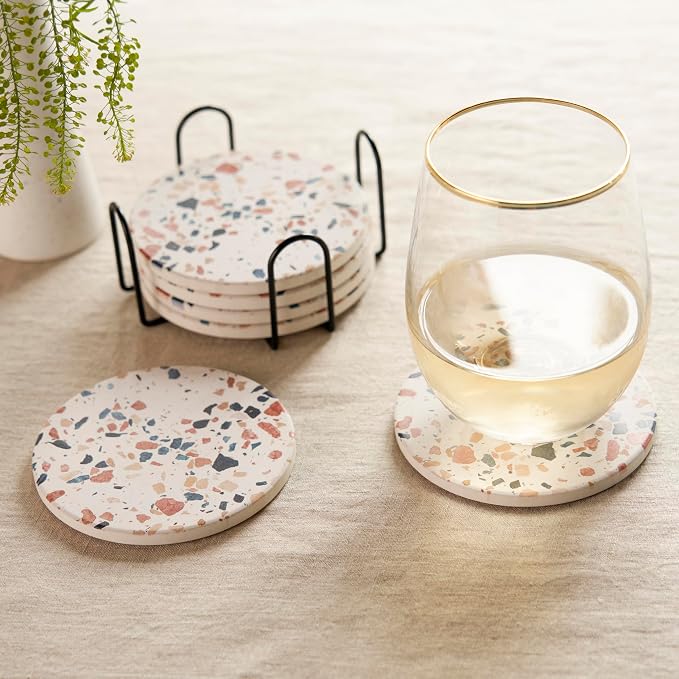 Twine Terrazzo Coasters, Stoneware Coaster Set, White Coasters with Stand, Coffee Table Decor, Set of 6, Multicolor