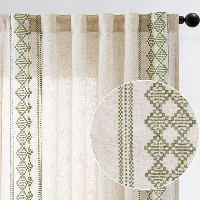 jinchan Boho Curtains Linen Blend Beige Farmhouse Curtains 63 Inches Long for Living Room Sage Green Square Embroidered Bordered Back Tab Bedroom Window Light Filtering Bohemian Drapes 2 Panels