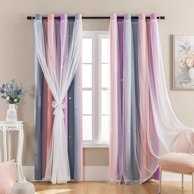 XiDi Curtains for Girls Bedroom Kids Room Unicorn Princess Theme Home Decor 63 inches Length Grey/Pink/Purple, W52 X L63 2 Panels