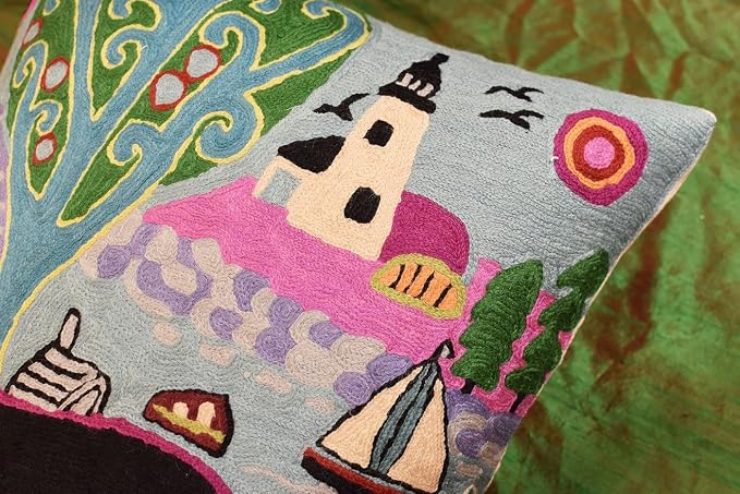 Green Coastal Pillow Cover Blue Nautical Accent Throw Pillowcase Karla Gerard Accent Cushion Floral Tree Chair Pillowsham Mid Century Modern Couch Hand Embroidered Wool 18x18 Inch