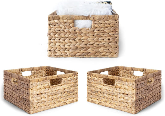 Large 14.5” x 13.5” x 8” (Set of 3) Natural Water Hyacinth Woven Storage Baskets, Rectangular Wicker Basket with Built-in Handles, Large (Natural)