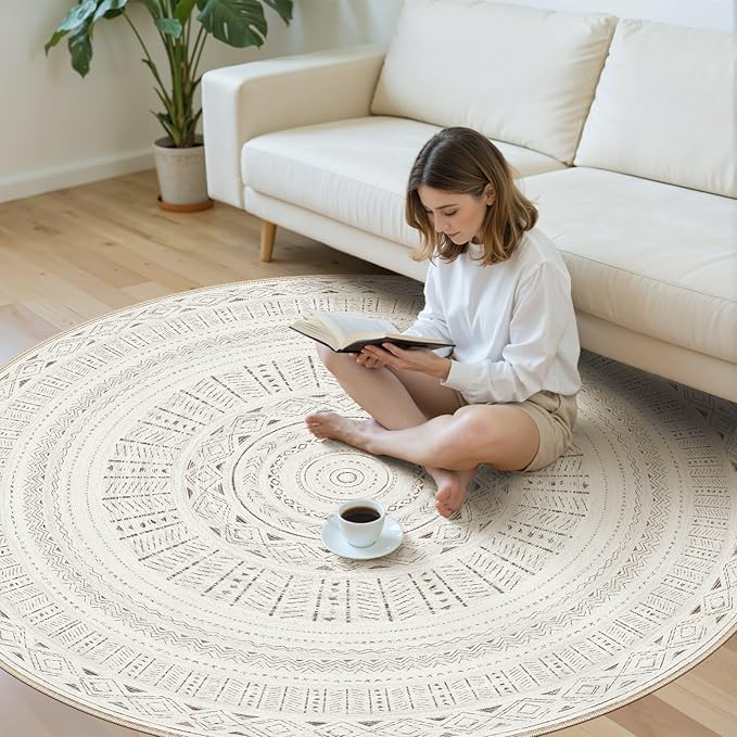 cotiled 6x6 Round Area Rug Living Room: Washable Boho Rugs with Non Slip Backing Large Soft Indoor Stain Resistant Carpet for Bedroom Farmhouse Dining Room Lightweight Home Decor L Brown/Cream
