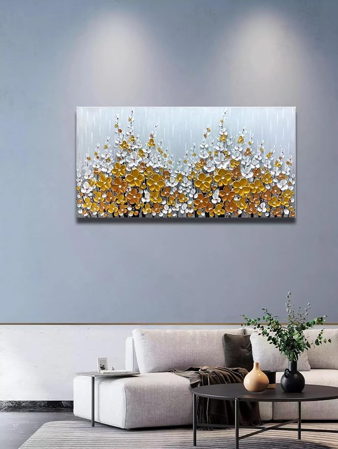 Yika Art Paintings - 24X48 Inch 3D Golden Silver Flower Tree Wall Art Abstract Textured Knife Platte Acrylic Painting on Canvas 3D Flowers Tree Paintings Ready to hang