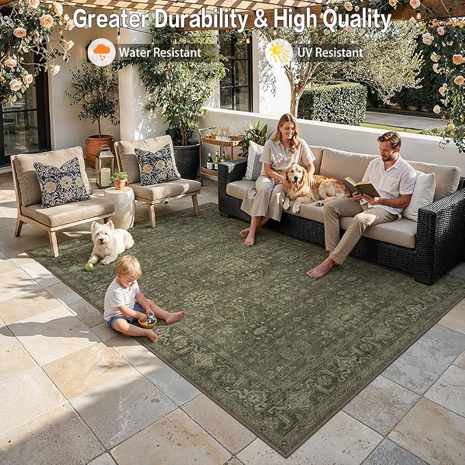 8x10 Easy Jute Area Rug for Living Room Bedroom Vintage Brown Washable Non Slip Carpet Traditional Retro Large Throw Rug for Dining Room Patio Porch Backyard Courtyard