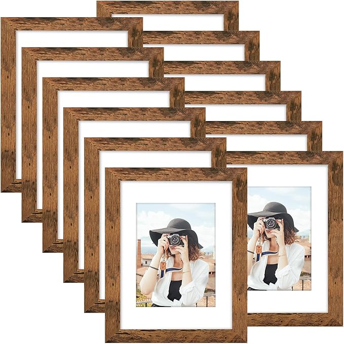Picrit 8x12 Picture Frame Set of 12, Display 6x8 with Mat or 8x12 without Mat, Photo Frames for Wall Mounting or Table Top Display, Brown