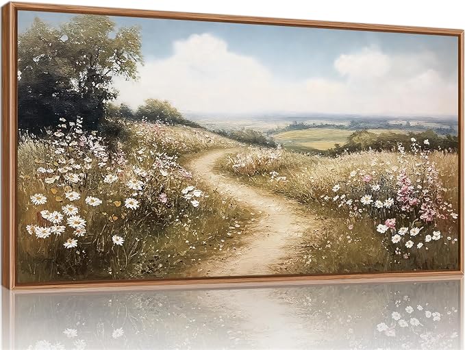 Rantodecor Rustic French Country Framed Canvas Wall Art, Vintage Flower Field Wall Decor, Calming Nature Landscape Art Paintings, Modern Wildflower Artwork for Farmhouse Bedroom Living Room 40"x20"