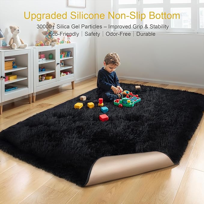 KICHOWUA Thick Area Rug Black Fluffy Shag 5x7 for Bedroom, Ultra Soft Plush Fuzzy Washable Thickened Non-Slip Floor Carpet, Modern Cozy Furry Rug for Living Room Kids Baby Boys Girls Nursery Dorm