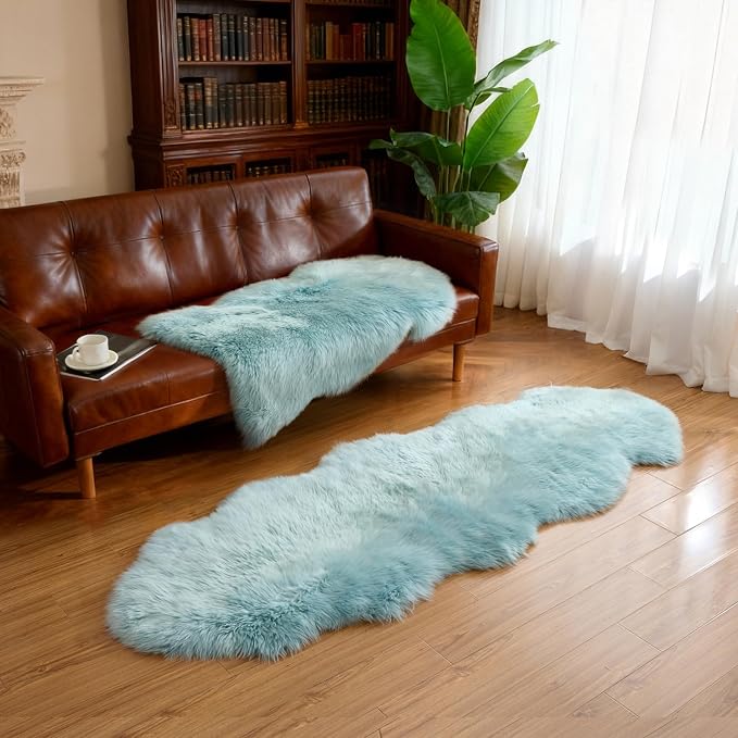 Premium Genuine Sheepskin Area Ruge - Real Wool Fur Shaggy Carpet | Fluffy Soft Natural Lambskin Rug Seat Chair Covers for Couch Sofa Bedroom Living Room(Light Blue,2×3 Feet Sheepskin)