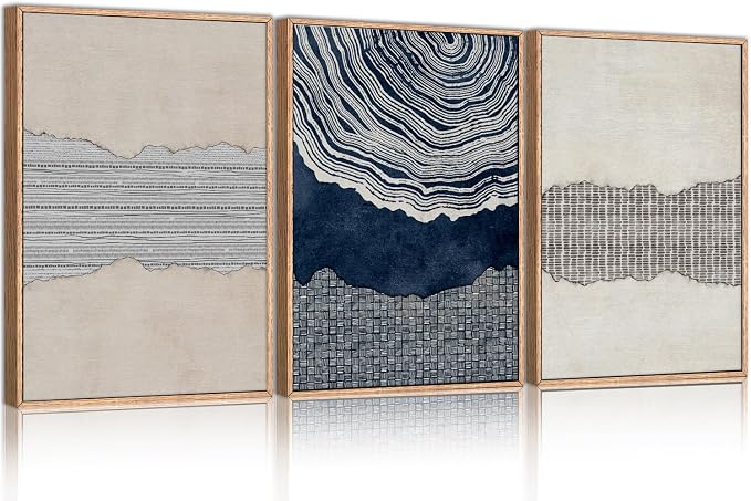 LHIUEM Large Abstract Navy Blue Beige Framed Canvas Wall Art,Modern Tree Rings Shapes Wall Decor,Neutral Retro Wooden Artwork for Living Room,Bedroom,Dining Room,Office -16"x24"x3