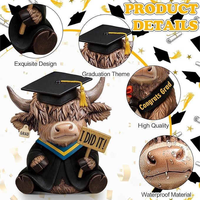 Karenhi 2 Pcs Graduation Highland Cow Figurines, Resin Congrats Grad Decorations, I Did It and Diploma Yak Collectibles for 2026 Graduation Gifts Party Table Centerpiece
