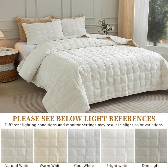 Velvet Quilt King Size Comforter Set - Luxury Soft Velvet Bedding Set for All Season, Bedspread Coverlet King Quilt with 2 Pillow Shams, Cream White, Checkered