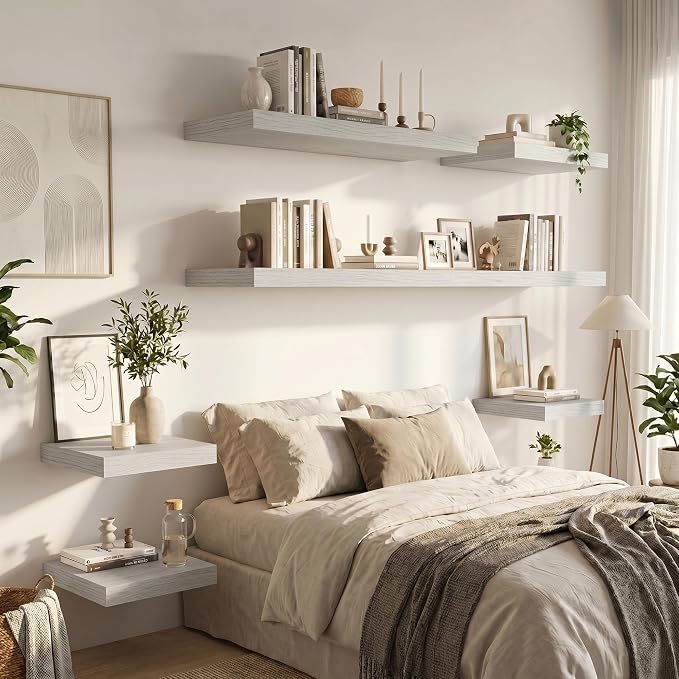 Vivelove 12 Inch Deep Floating Shelves 55 inch Long, 2 Inch Thick Wall Shelves with Invisible Brackets, Shelf for Bedroom Bathroom Living Room Kitchen Office Home, Modern Shelf Set of 2, White Birch