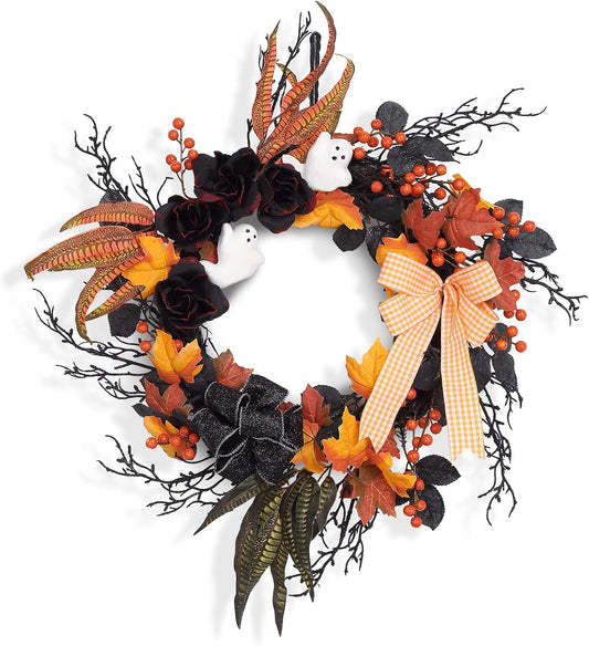 Adeeing 26 Inch Halloween Wreaths for Front Door, Halloween Decorations Ghost Wreath with Feathers Artificial Black Rose and Ribbon for Indoor Outdoor Home Party Decor