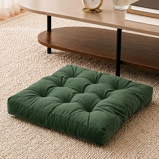 Floor Pillow for Adults, Soft Velvet Floor Cushion for Sitting, Single Square Tufted Floor Pillow for Reading Nook, Living Room, Bedroom, 22 x 22 Inch, Green
