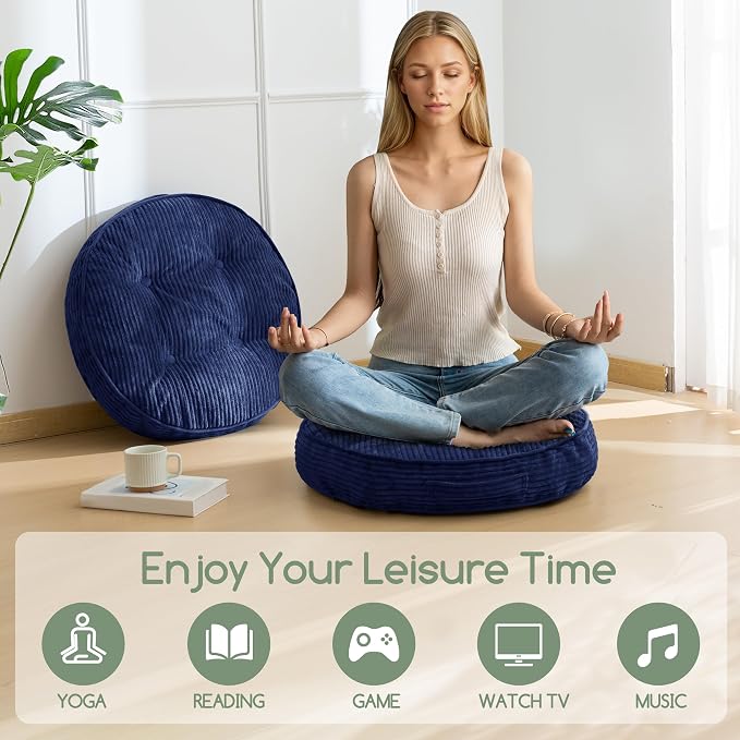 HIGOGOGO Floor Pillow Cushion for Adults, Meditation Cushion Pillow, Large Round Floor Sitting, Tufted Corduroy Cover, for Tatami Living Room or Yoga, 22x22 Inch, Navy