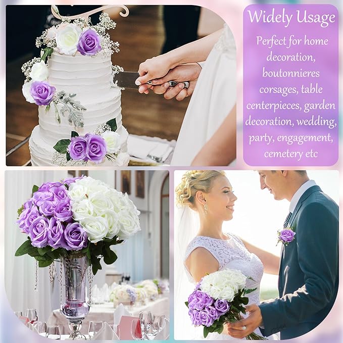 36 Pcs Silk Purple White Rose Bouquet Bridal Artificial Flowers,Fake Rose Long Stem Realistic Flowers Bulk for Wedding Bouquet Ball Arrangement Centerpiece Party Decor