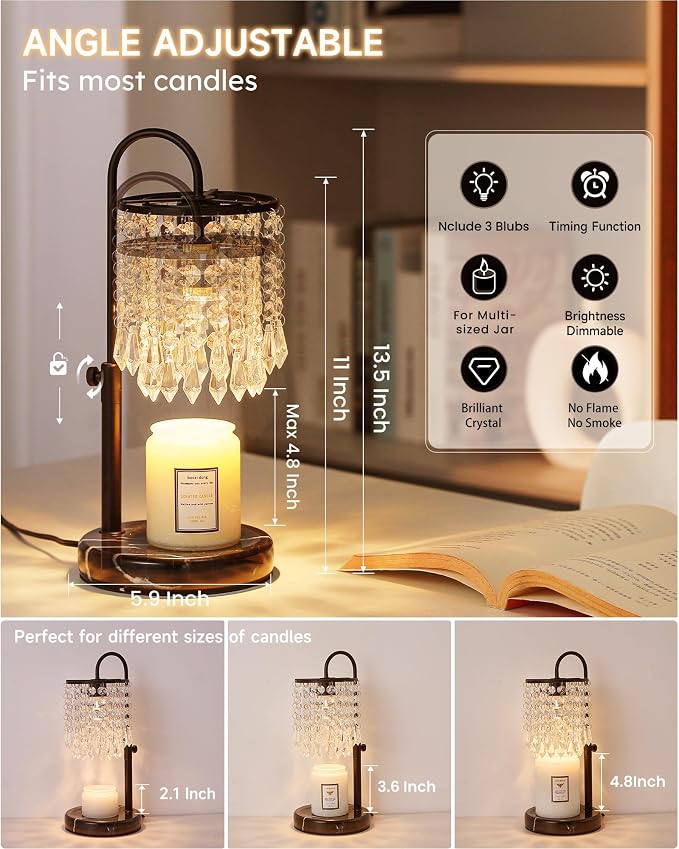 Candle Warmer Lamp with Timer Dimmer and 3 Bulbs, Candle Lamp Warmer with Marble Base for Adjustable Height, Crystal Candle Lamp for Jar Candles, House Warming Gifts Home Room Decor, Black