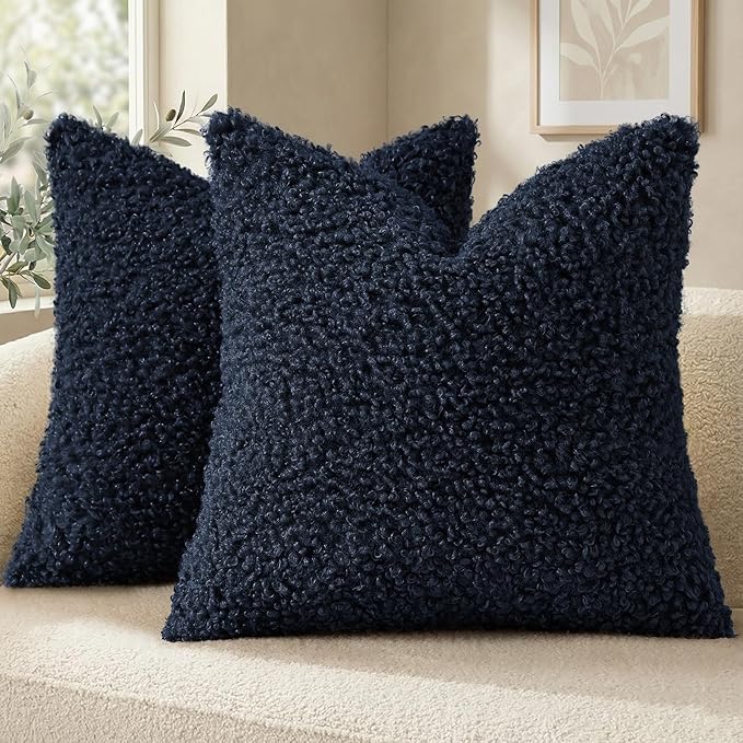decorUhome Pack of 2 Throw Pillow Covers 24x24 Inch, Faux Fur Decorative Sherpa Pillow Covers Fuzzy Accent Soft Sheepskin Fleece Pillow Cases for Couch Living Room Bed, Navy Blue