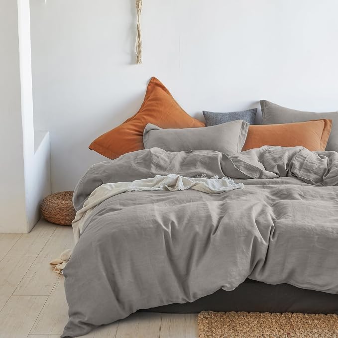 Simple&Opulence 100% Linen Duvet Cover Set 3pcs Basic Style Natural French Washed Flax Solid Color Soft Breathable Farmhouse Bedding with Button Closure - Dove Grey, King