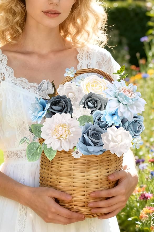rongflower Blue Artificial Flowers Combo Box Set Silk Flowers Fake Rose for DIY Floral Arrangements Wedding Bouquets Centerpieces Baby Shower Party Home Decorations