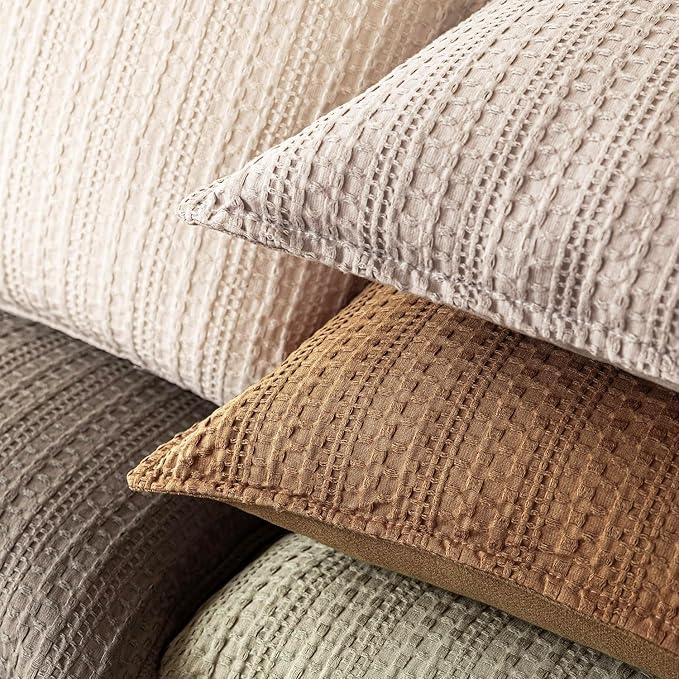 Foindtower Set of 2 Decorative Cotton Waffle Weave Throw Pillow Covers Euro Shams Cushion Covers Accent European Pillowcase for Bed Couch Sofa Bedroom Living Room Home Decor 18×18 Inch Orange Brown