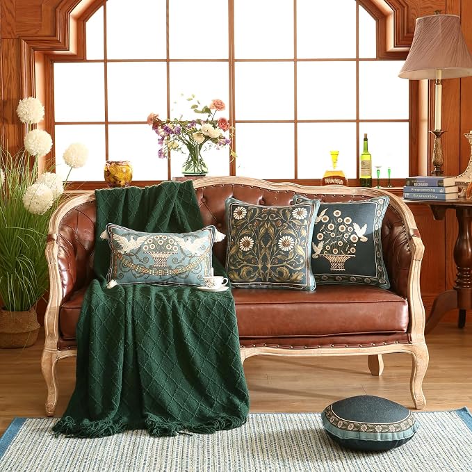 bilin gaier Green Throw Pillow Covers Set of 2,French Farmhouse with White Birds and Flowers Pattern Linen Pillowcases,Decorative Square Pillows Cushion Covers for Couch Sofa Bed Chair,18x18 Inches