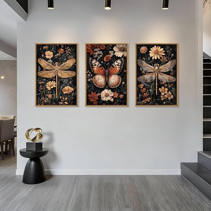 Large Vintage Butterfly Dragonfly Framed Canvas Wall Art Set,Retro Dark Academia Animal Floral Botanical Wall Decor,Moody Insect Wildflower Artwork for Living Room,Bedroom,Farmhouse-24 x36 x3