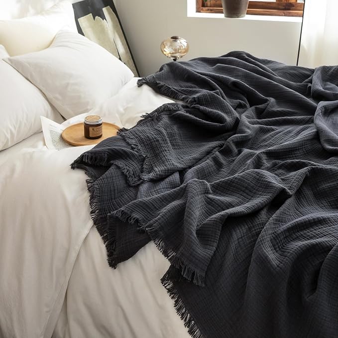 FOSSA Muslin Blanket 4-Layer 100% Cotton Gauze Blanket with Fringe 66"x90" | Super Soft Breathable Lightweight All Season & Decorative Blanket or Bed, Sofa, Office (Dark Gray,Twin XL)