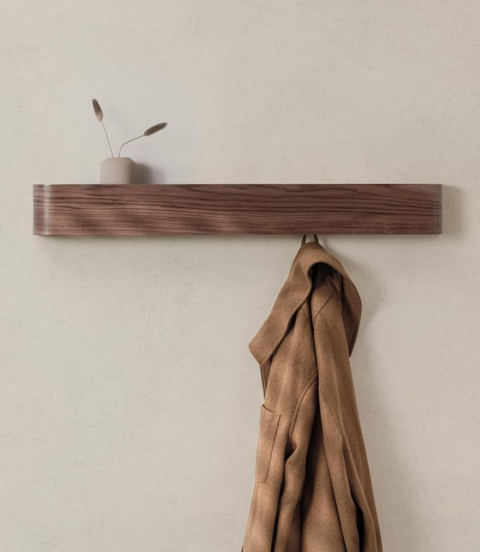 Kazai. Wall-Mounted Coat Rack 'Toke' - Modern Design with Hidden Wall Hooks - Solid Wood Veneer Panel Hanger - Walnut