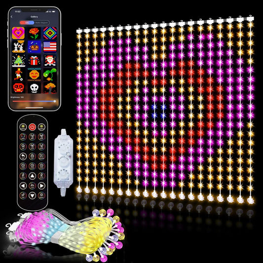 Smart Animated Curtain String Lights Remote APP Control 6.6 x 6.6Ft 400LED RGB Color Changing Waterproof DIY Hanging Window Fairy Light Programmable Music Sync for Christmas,Halloween,4th of July