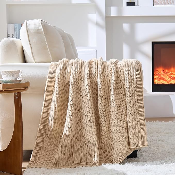 Soft Chunky Knit Ginger Beige Throw Blanket - Thick Cozy Decorative Blanket for Couch Sofa Bed Living Room, 60"x80"
