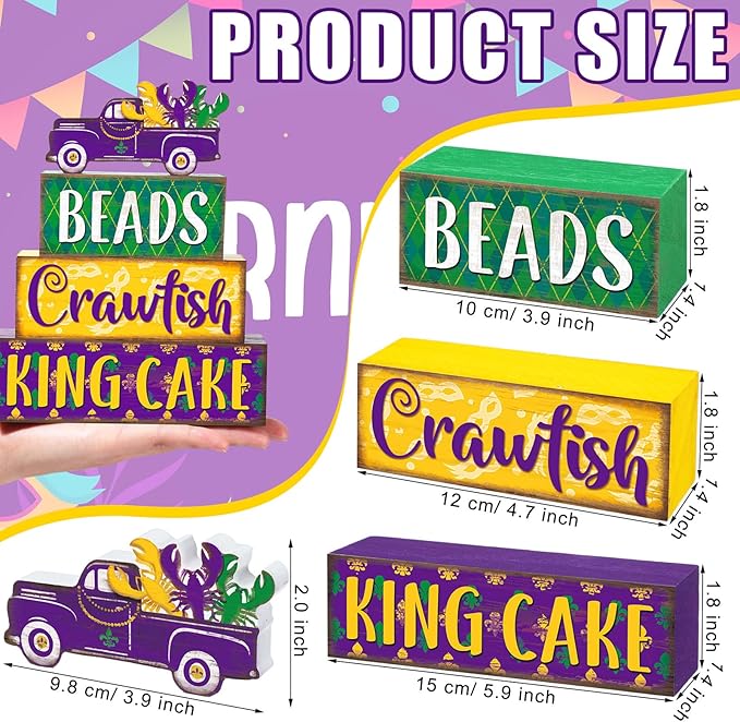 Marsui 4 Pcs Mardi Gras Decorations Mardi Gras Centerpieces Table Decorations Farmhouse Wooden Tabletop Blocks Sign for Home Party Rustic Tiered Tray Shelf Office Carnival Decor