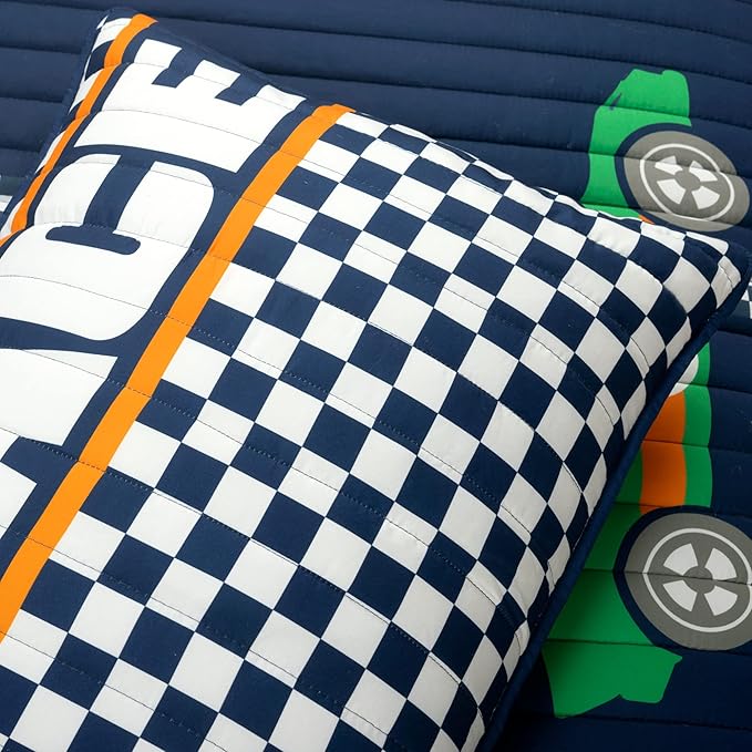 Lush Decor Racing Cars Reversible Quilt Twin Size 4 Piece Set Navy - Toddler Bedding Set Twin Quilt - Car Decor