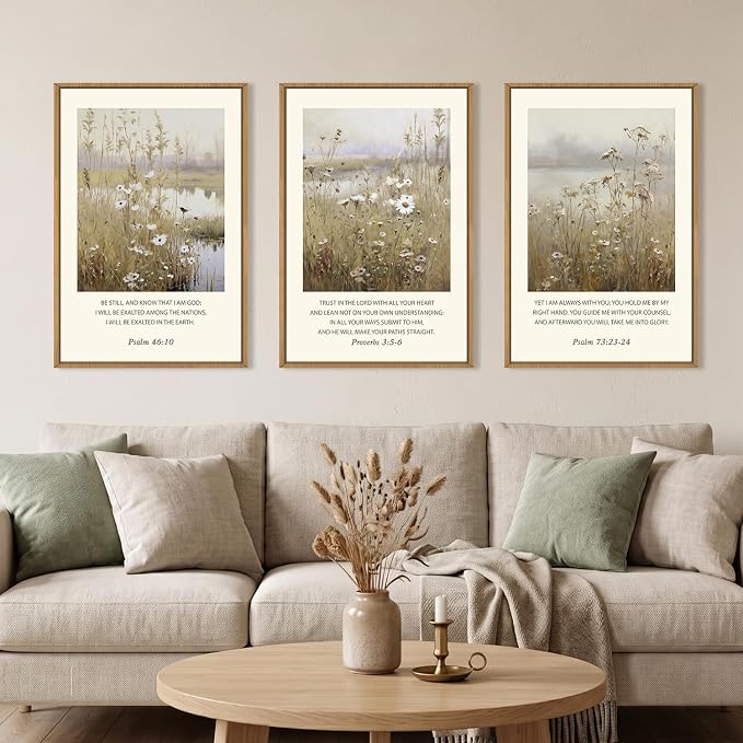 Large Christian Bible Verses Framed Canvas Wall Art,Vintage Scripture Wildflower Wall Decor,Modern Jesus Religious Nature Landscape Artwork for Living Room,Bedroom,Dining Room-24"x36"x3
