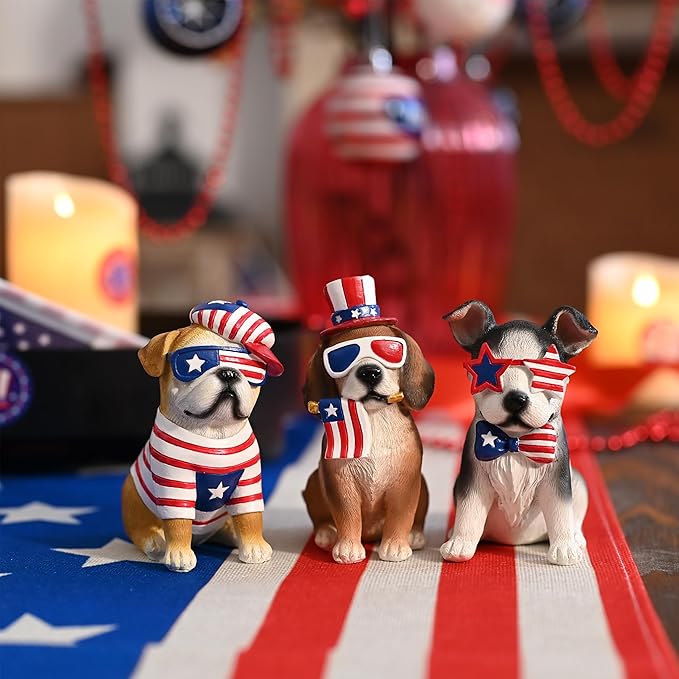 Valery Madelyn 4th of July Puppy Decorations, Memorial Day Decor for Home, Large 3Pcs Patriotic USA 250th Anniversary Decorations, Stars and Stripes Dogs Figurine for Independence Day Labor Day
