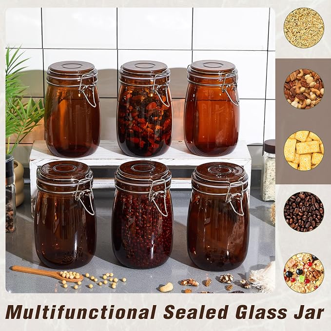 Norme 6 Pack 34oz Amber Airtight Glass Jars with Lids, Round Food Storage Container Airtight Food Wire Clip Fastening for Sauerkraut Flour Kitchen Sugar Cereal Kitchen Canning Pickling Mason Jars