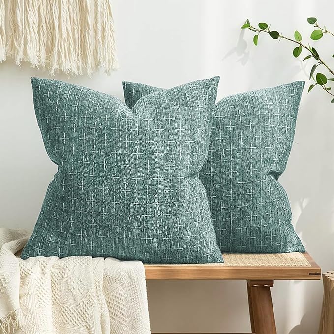MIULEE Pack of 2 Decorative Burlap Linen Spring Throw Pillow Covers Modern Farmhouse Vintage Pillowcase Rustic Woven Textured Cushion Cover for Sofa Couch Bed 18x18 Inch Azure