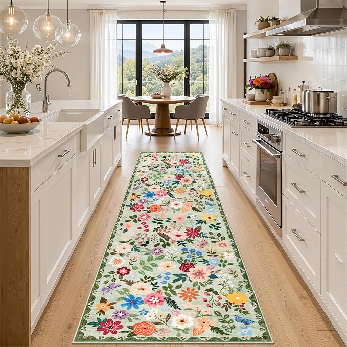 Runner Rug for Entryway: 2.6x10 Kitchen Rugs Non Slip Washable Ultra-Thin Soft Floral Carpet Indoor Floor Stain Resistant Carpets for Hallway Bedroom Kitchen Laundry Bathroom Dorm Green