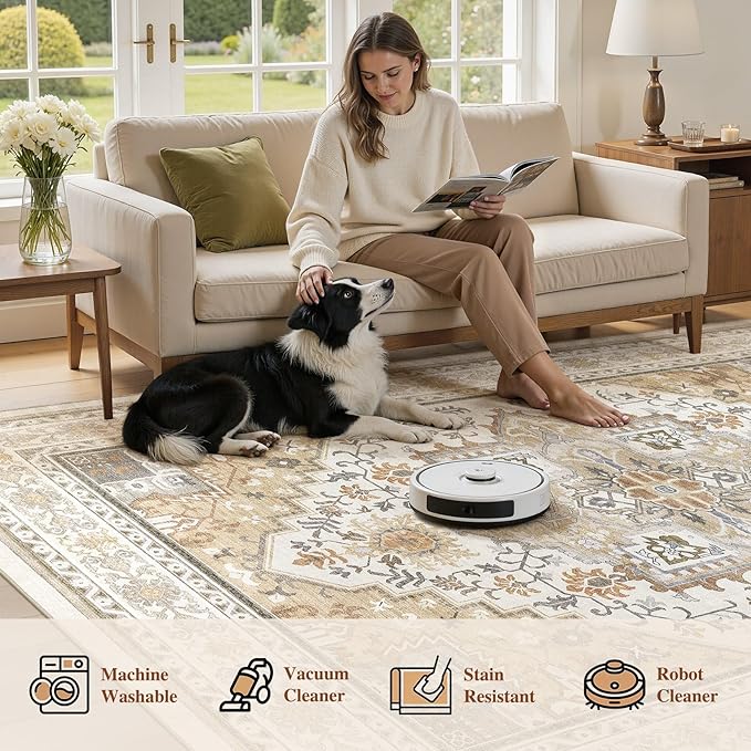 UERMEI 9x12 Area Rug for Living Room - Washable Vintage Carpet, Non-Slip Soft Large Indoor Floor Rugs for Bedroom Home Office & Under Dining Table Decor, Brown Beige