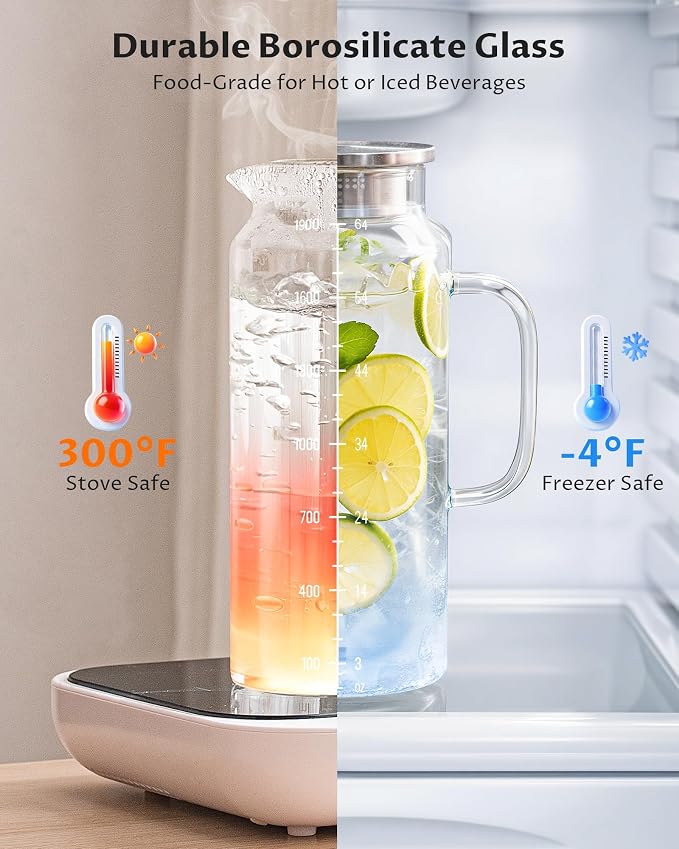 2-Pack 68oz Glass Pitcher with Lid and Handle – Borosilicate Glass Carafe for Hot/Cold Drinks, 2 Liters High-Temperature Resistant Water Pitcher Perfect for Iced Tea, Coffee, Milk, and Fridge Storage