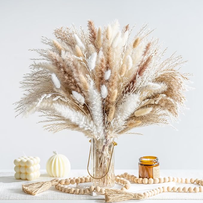 130PCS Natural Dried Pampas Grass Boho Home Decor Bouquet Phragmites Dried Flowers Bouquet for Wedding Floral Arrangements Living Room Decorations (130PCS)
