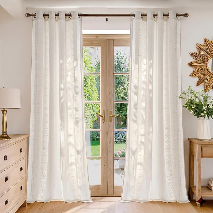 NICETOWN Cream Linen Textured Curtains 84" Long with Ivory White Boho Embroidered for Living Room, Geometric Drapes with Antique Bronze Grommets, Farmhouse Rustic Window Treatments(2 Panels, W52)