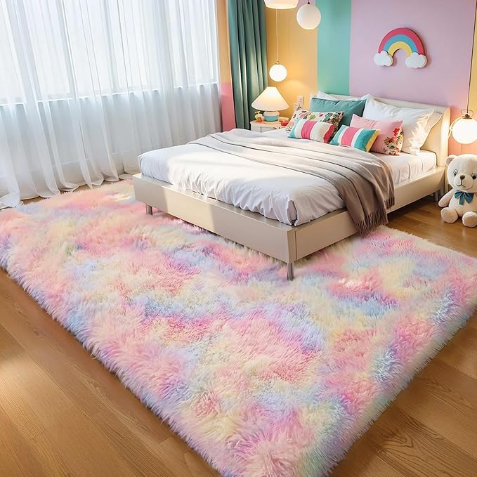 KICHOWUA Thick Area Rug Unicorn Fluffy Shag 3x5 for Girls Bedroom, Rainbow Fuzzy Soft Pastel Shaggy Rug for Living Room, Thickened Washable Non-Slip Princess Kids Toddler Boys Nursery Dorm Room Carpet