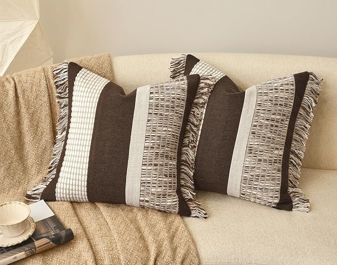 Dark Brown Boho Throw Pillow Cover 20x20 | Square Decorative Pillows Cushion Cases with Handmade Drawn Work Tassel for Couch Bed Sofa Living Room Decor