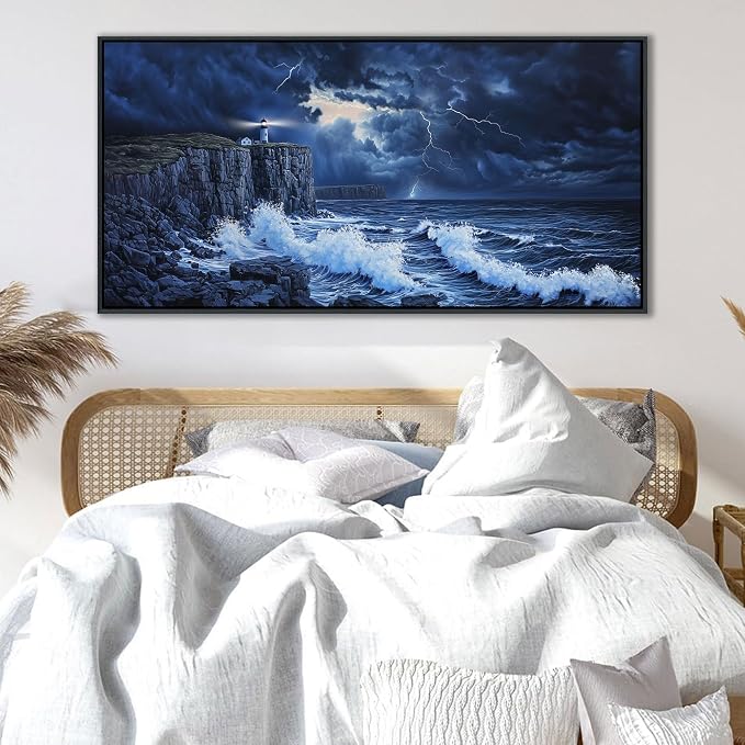 YDYSUNE Large Wall Decor- Ocean Canvas Painting Navy Blue Picture Framed Lighthouse Coastal Wall Art,Huge Waves Seascape Artwork for Living Room,Bedroom,Office Decoration