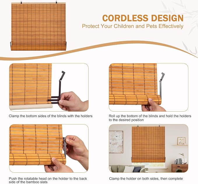 ALIMOO Cordless Bamboo Blinds Roll Up Shades Light Filtering Cordless Roller Window Blinds for Interior Home Patio Porch 24" W x 72" L