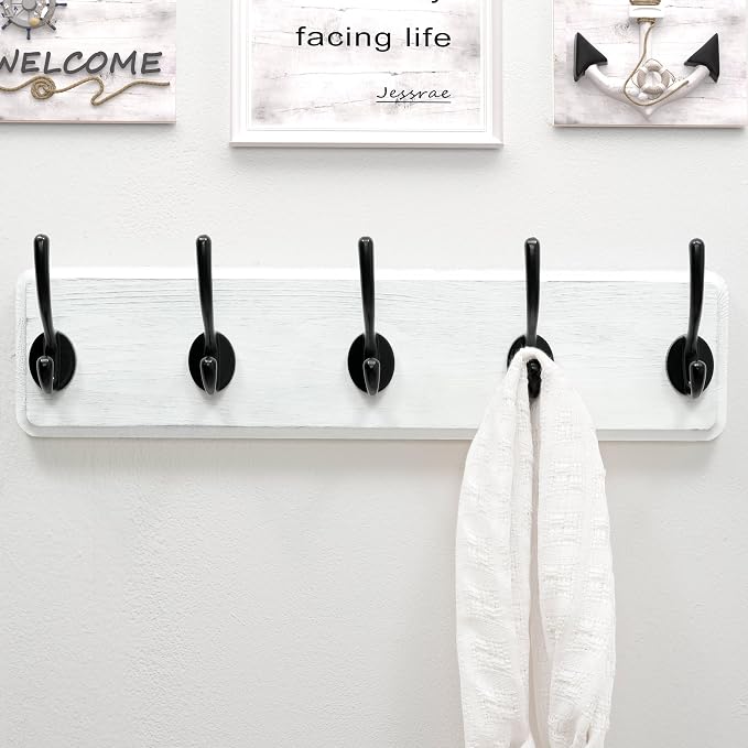 Dseap Coat Rack Wall: Patented, Heavy-Duty, 5-Double-Hooks Wooden Wall Mounted Coat Rack Coat Hanger Hook Rail for Winter Coats Hat Jacket Clothing, White & Black, Pack of 2