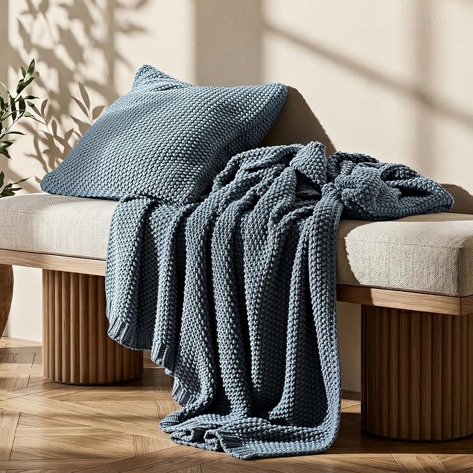 EverGrace Organic Cotton Chunky Knit Throw Blanket, 50 x 60 Dusk Blue | OCS Certified Organic Cotton, Seed Stitch Knit, Soft & Breathable, Cozy Midweight, Decorative Throw for Couch, Bed & Sofa