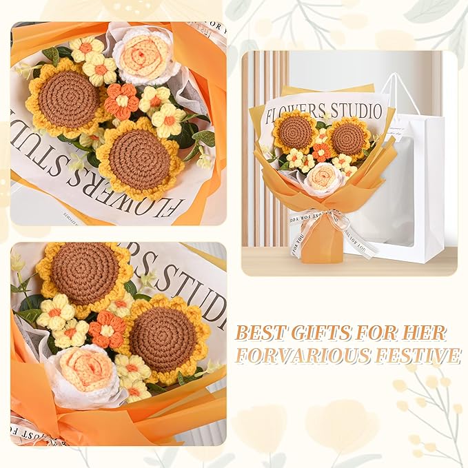 Crochet Flower Bouquet, Crochet Flowers Handmade Sunflower Bouquet, Romantic Gift for Her, Mother's Day Anniversary Birthday Wedding Graduation Home Decor Gift for Women Girlfriend Wife Lover