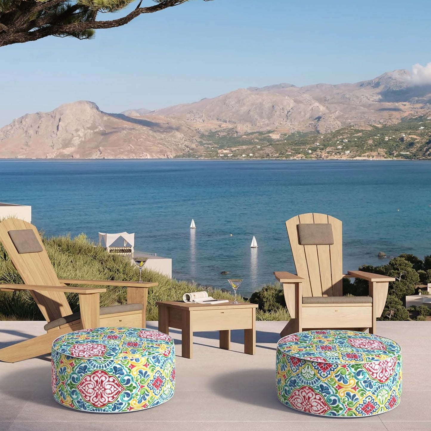 Inflatable Ottoman Stool D21 xH9 for Outdoor/Indoor Use, Water Repellent Patio Foot Rest Stool with Portable Handle,Round Pouf Ottoman Suitable for Garden,Deck and Camping - Damask Red